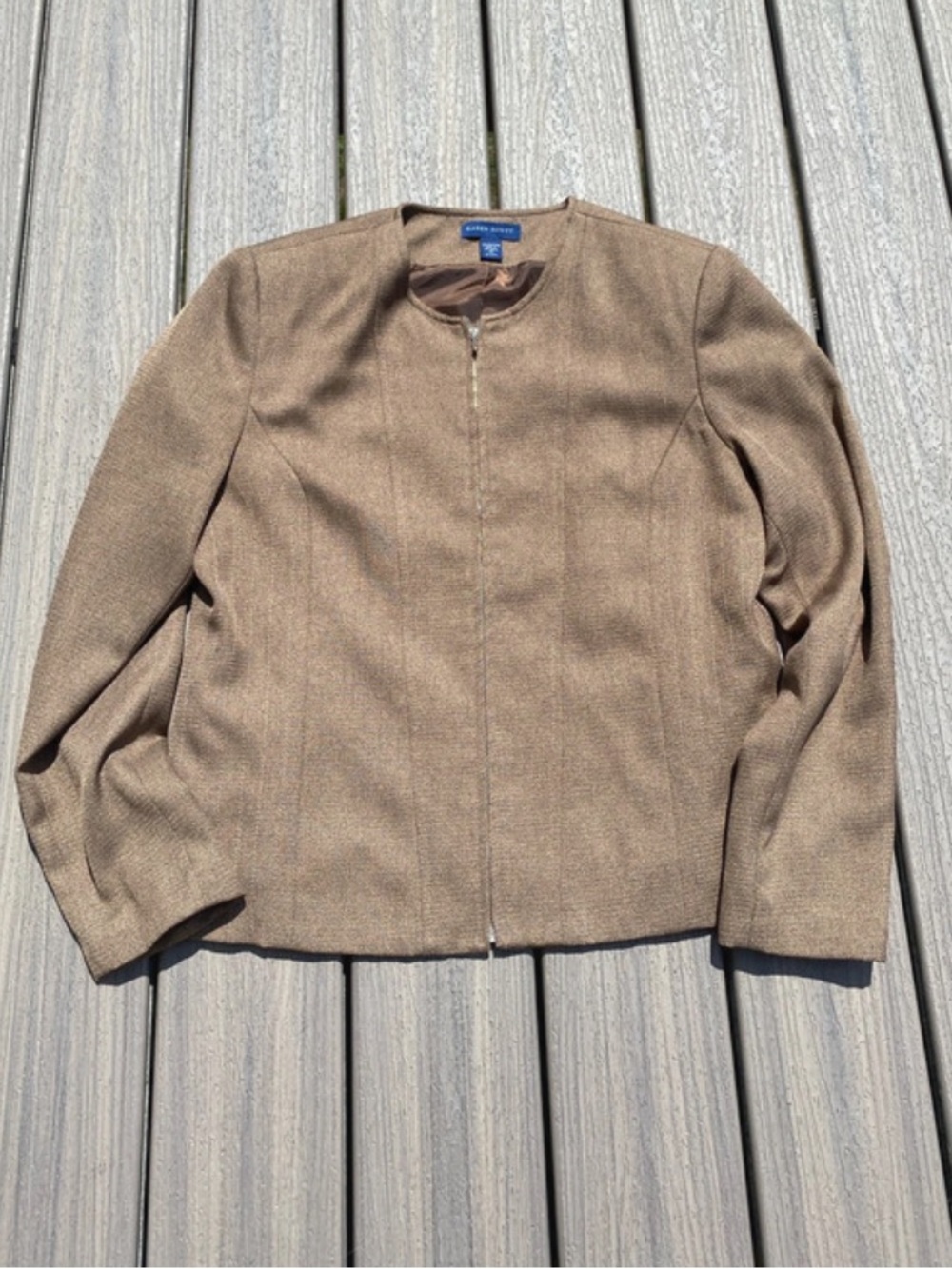 Karen Scott Collarless Zip Front Blazer Jacket Brown Textured Women's Size L 14